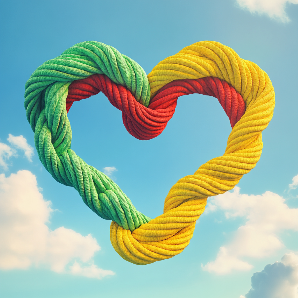 Three colorful ropes create heart in sky