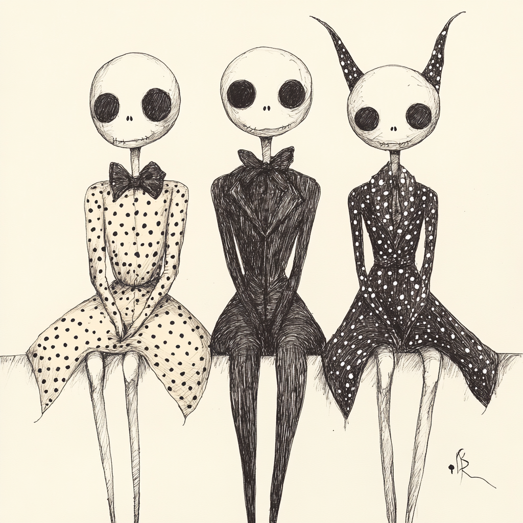 Three eerie doll-like characters wearing polka-dot outfits.