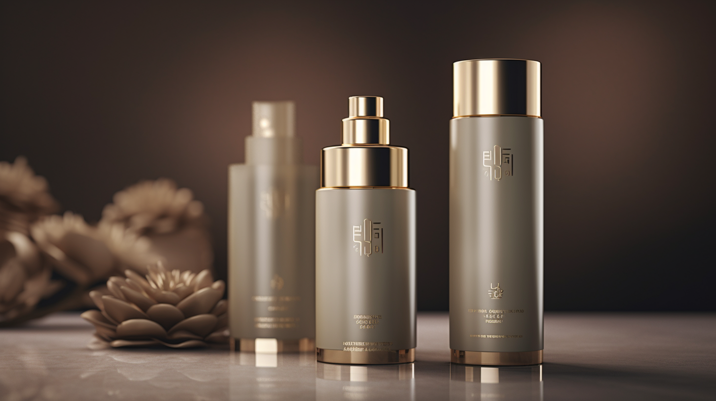 Three elegant skincare bottles with golden accents