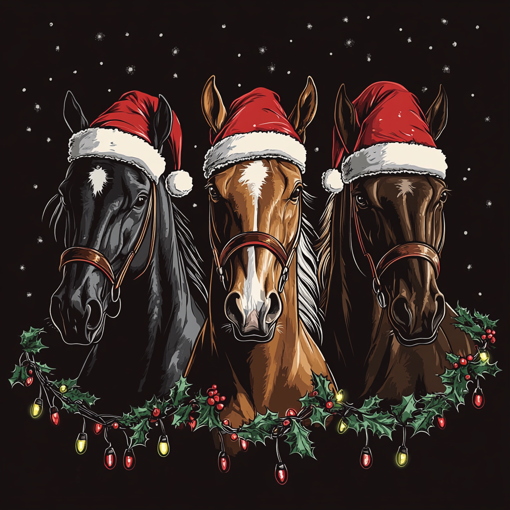 Three festive Morgan horses with Christmas decorations