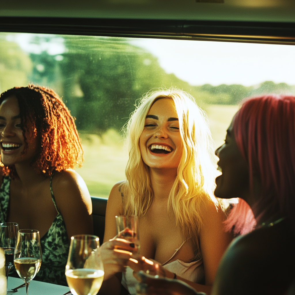 Three friends drinking wine on a sunny train.