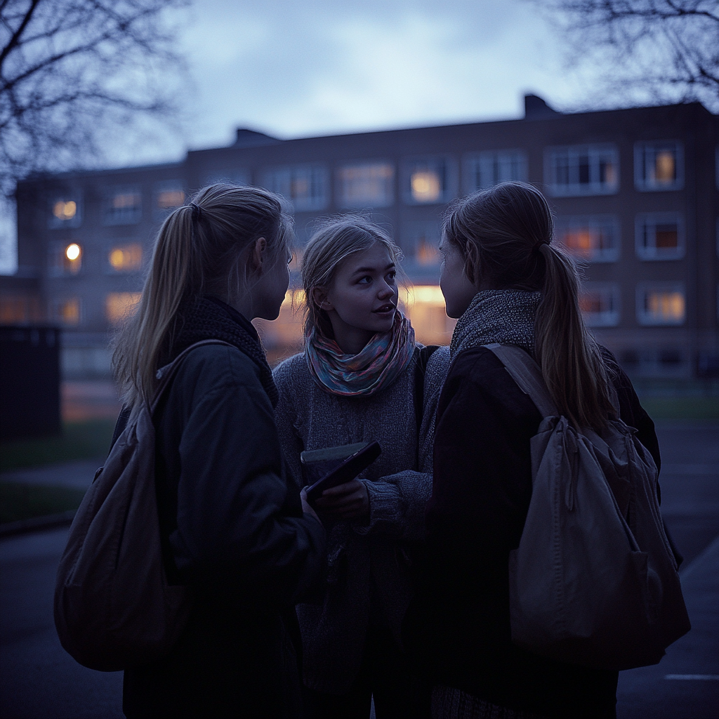 Three girls chat outside school at night