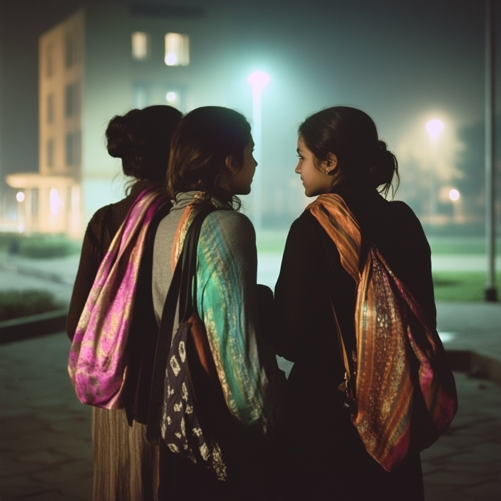 Three girls chatting outside school at night