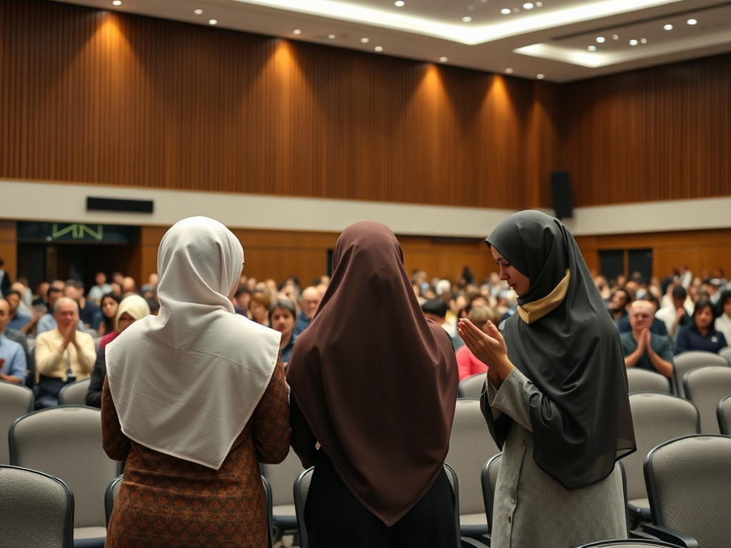 Three girls in hijabs bow at conference's end.