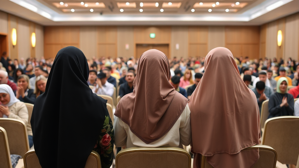 Three girls in hijabs bow to audience.