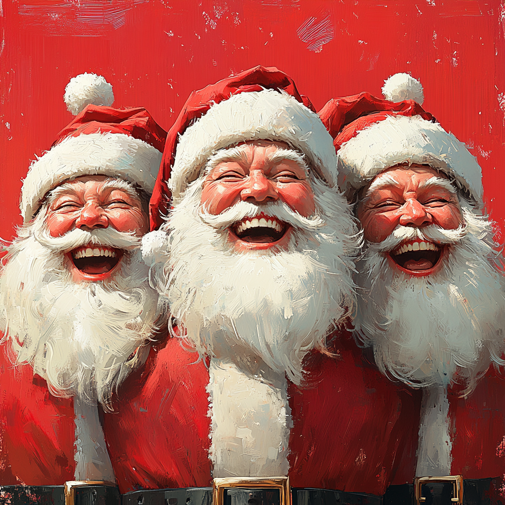 Three happy Santa faces on Christmas card