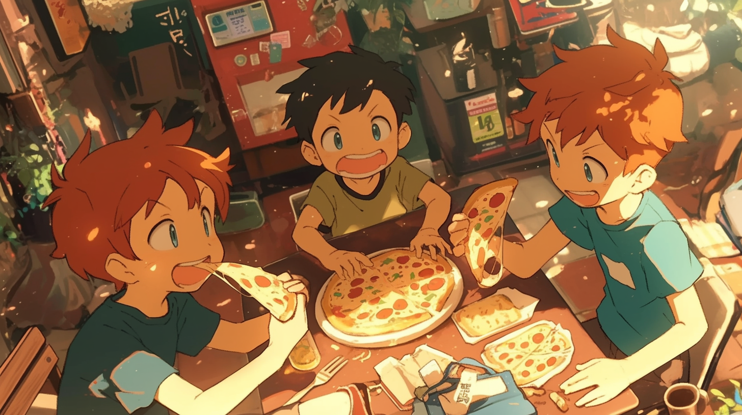 Three happy kids share pizza in a parlor.