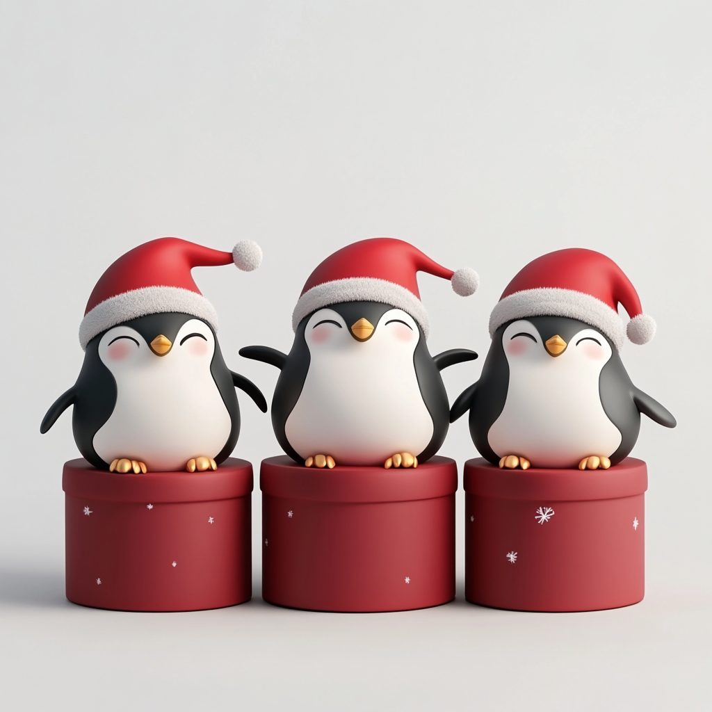 Three happy penguins play in Christmas present