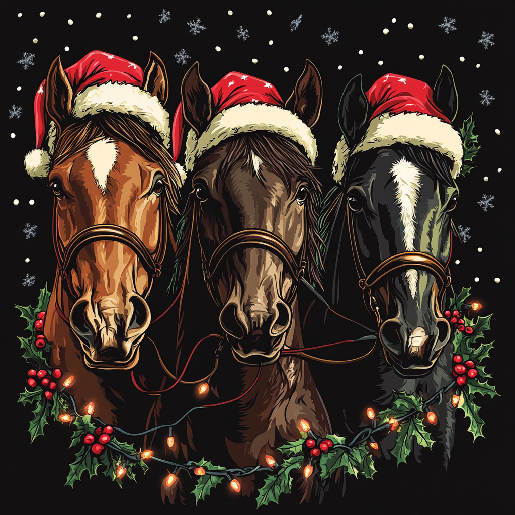 Three horses in Santa hats and lights play