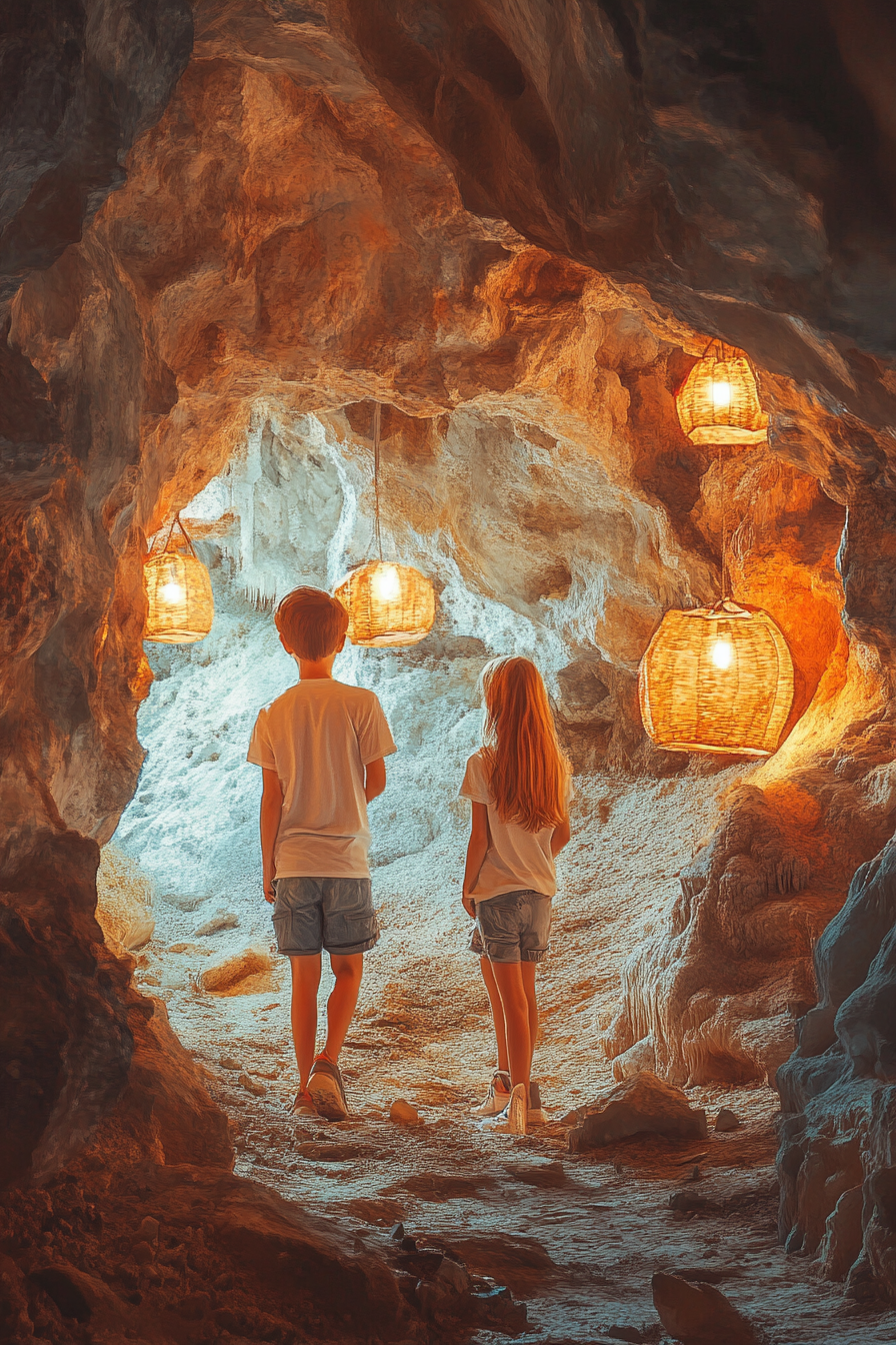 Three kids exploring colorful cave with lanterns