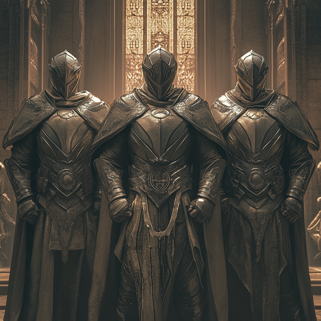 Three men in detailed geometric armor standing heroically