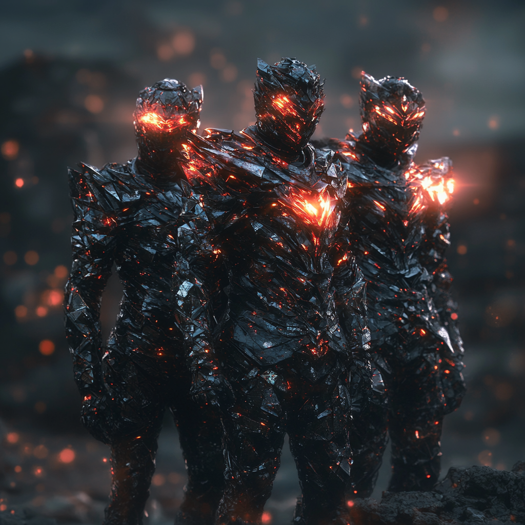 Three men in glowing armor stand victorious