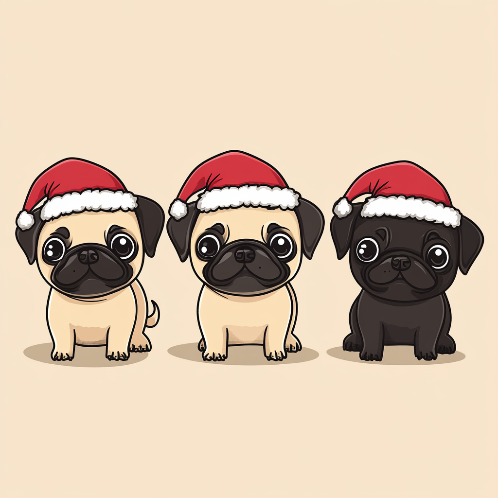 Three playful pugs in Santa hats, holiday clipart.