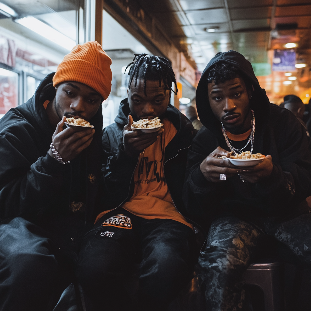 Three rappers sit, one uses silver spoon.