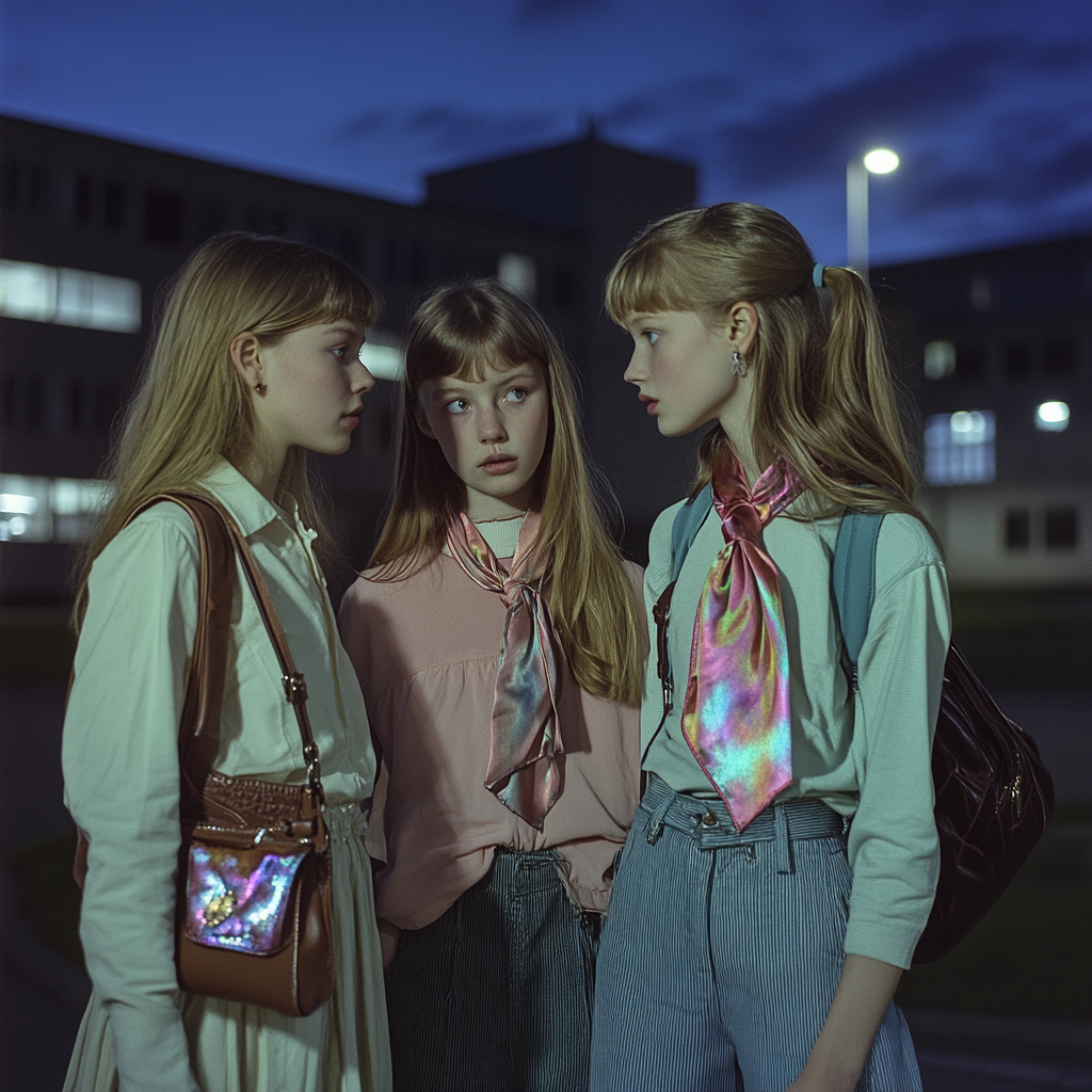 Three scandinavian girls chat outside school at night