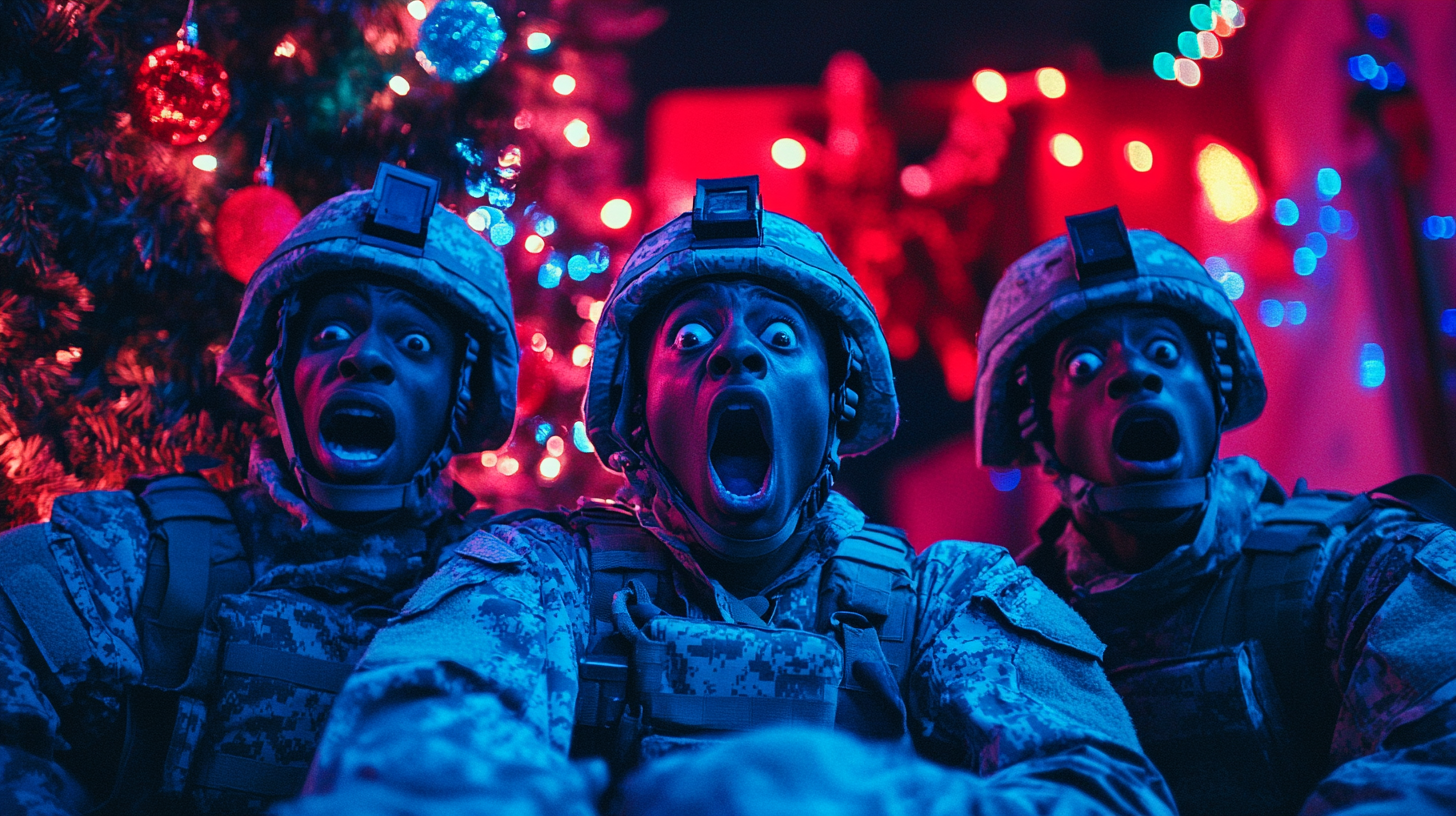 Three soldiers shocked by Christmas decorations on album cover