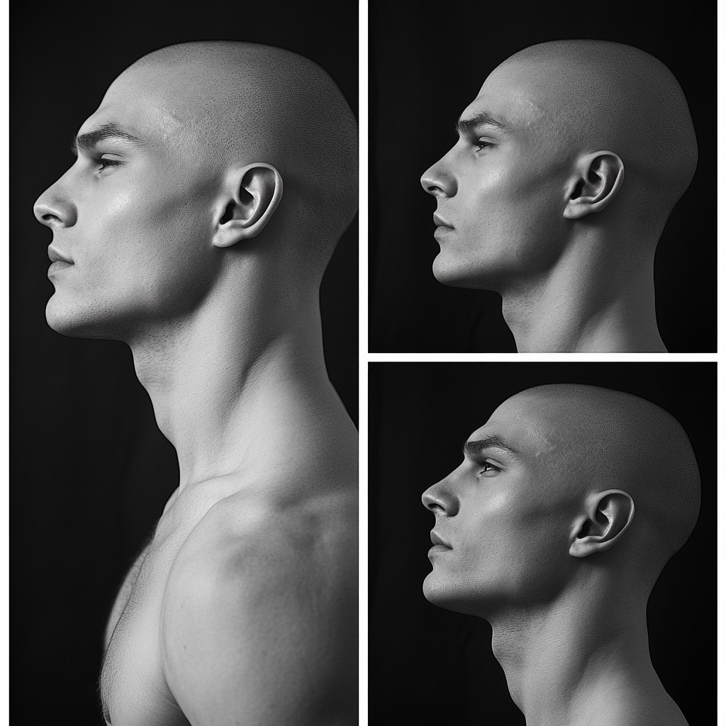 Three views of a bald, slim man