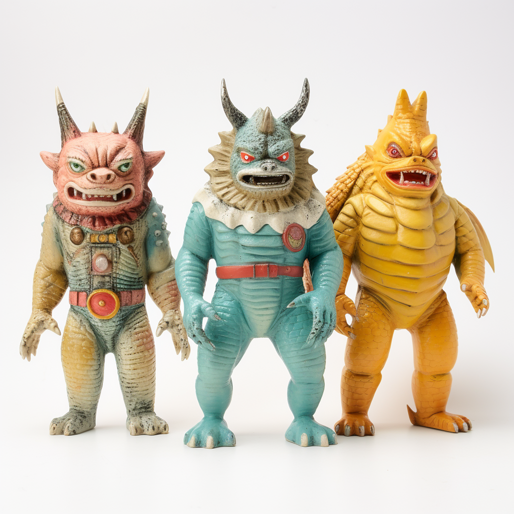 Three vintage kaiju figures: different sizes, Japanese, 1960s.