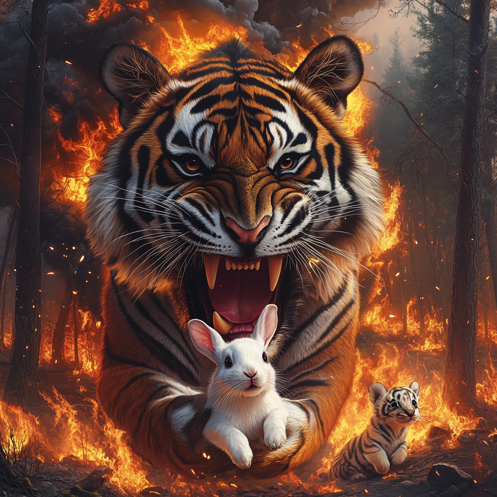 Tiger holding rabbit with burning forest background