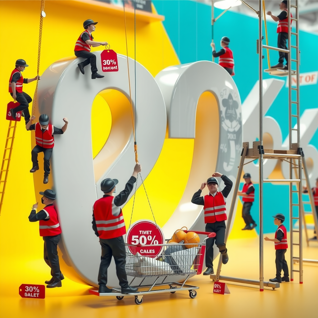 Tiny Supermarket Workers Assemble Giant Discount Sign