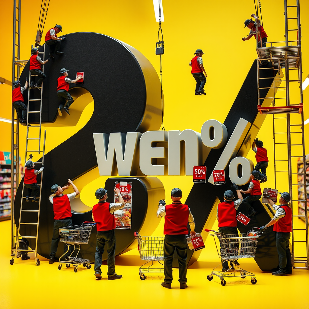 Tiny Supermarket Workers Constructing Giant Sale Sign