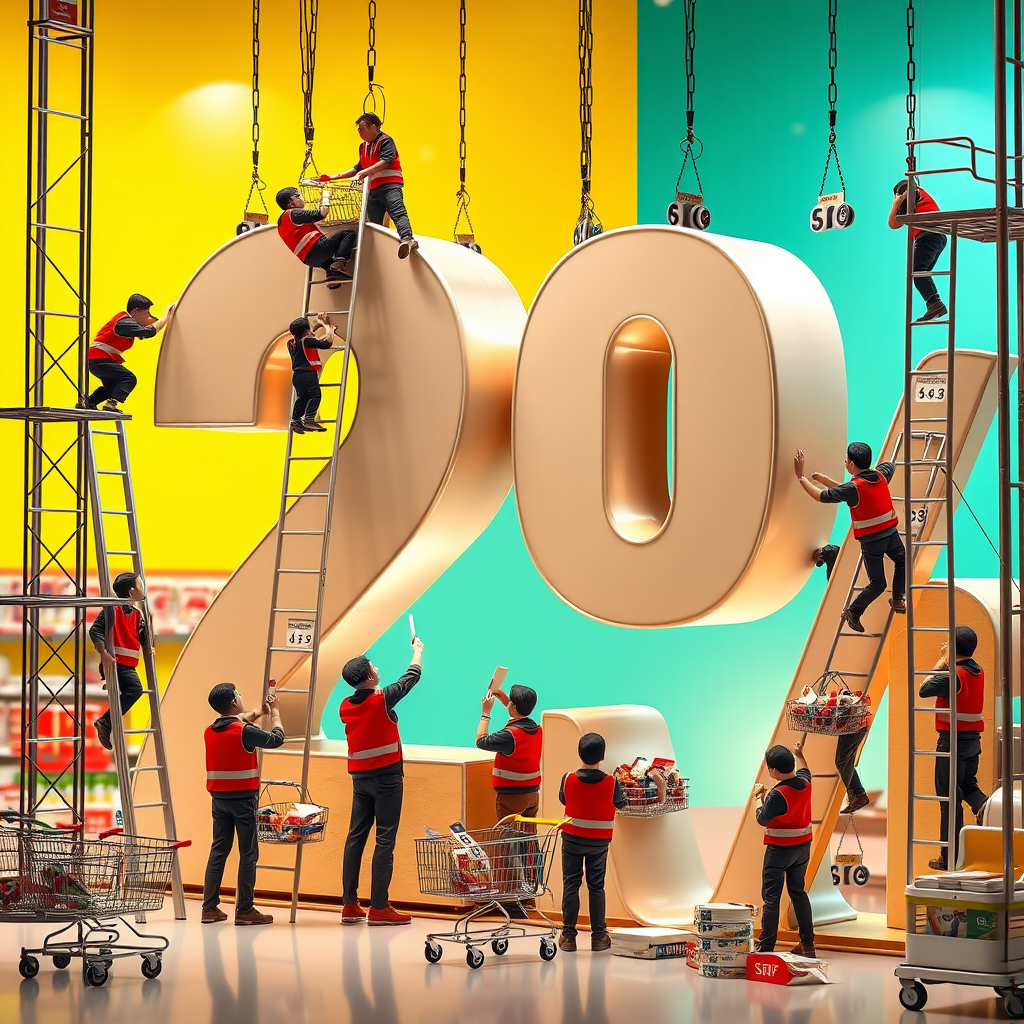 Tiny Supermarket Workers Crafting a Giant Sale Sign