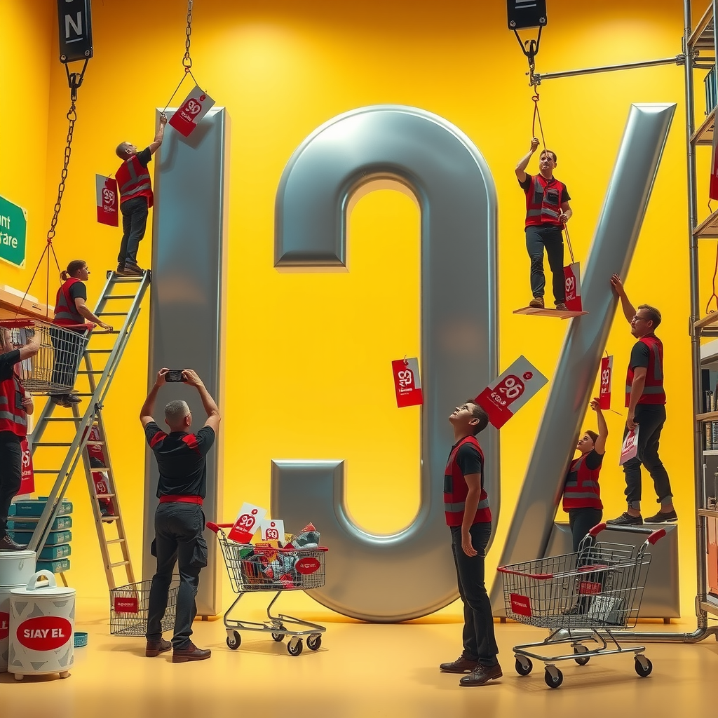 Tiny Workers Building a Giant Discount Sign