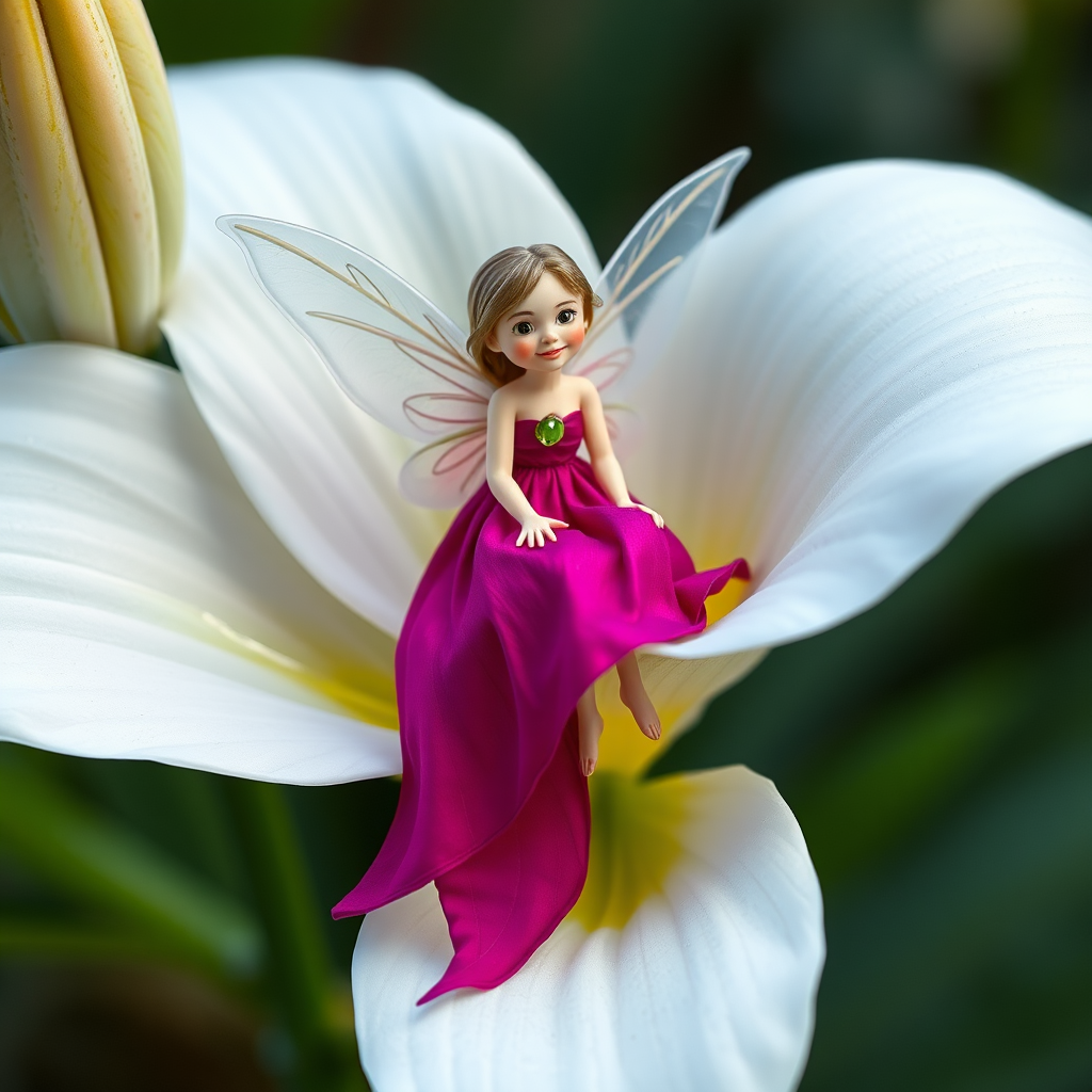 Tiny fairy in magenta dress on lily petal.