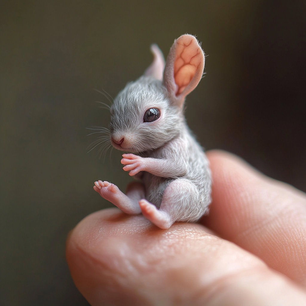 Tiny newborn rabbit on thumb - close-up photo