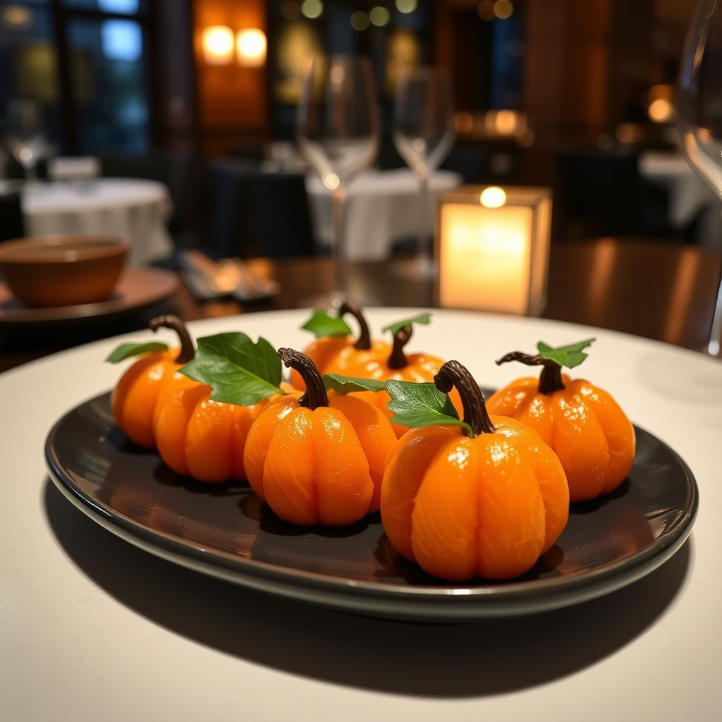 Tiny pumpkin sushi on elegant Japanese restaurant plate