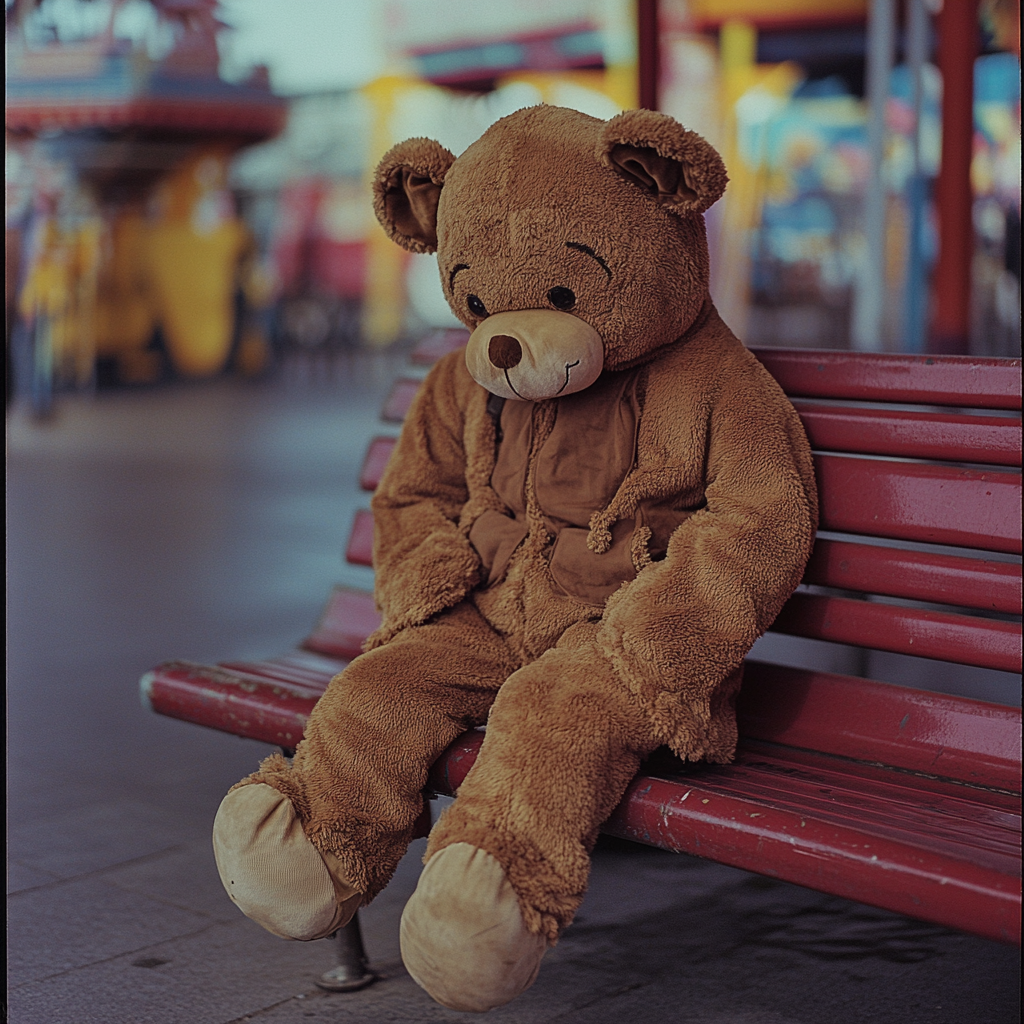 Tired Bear Man Mascot Resting at Amusement Park