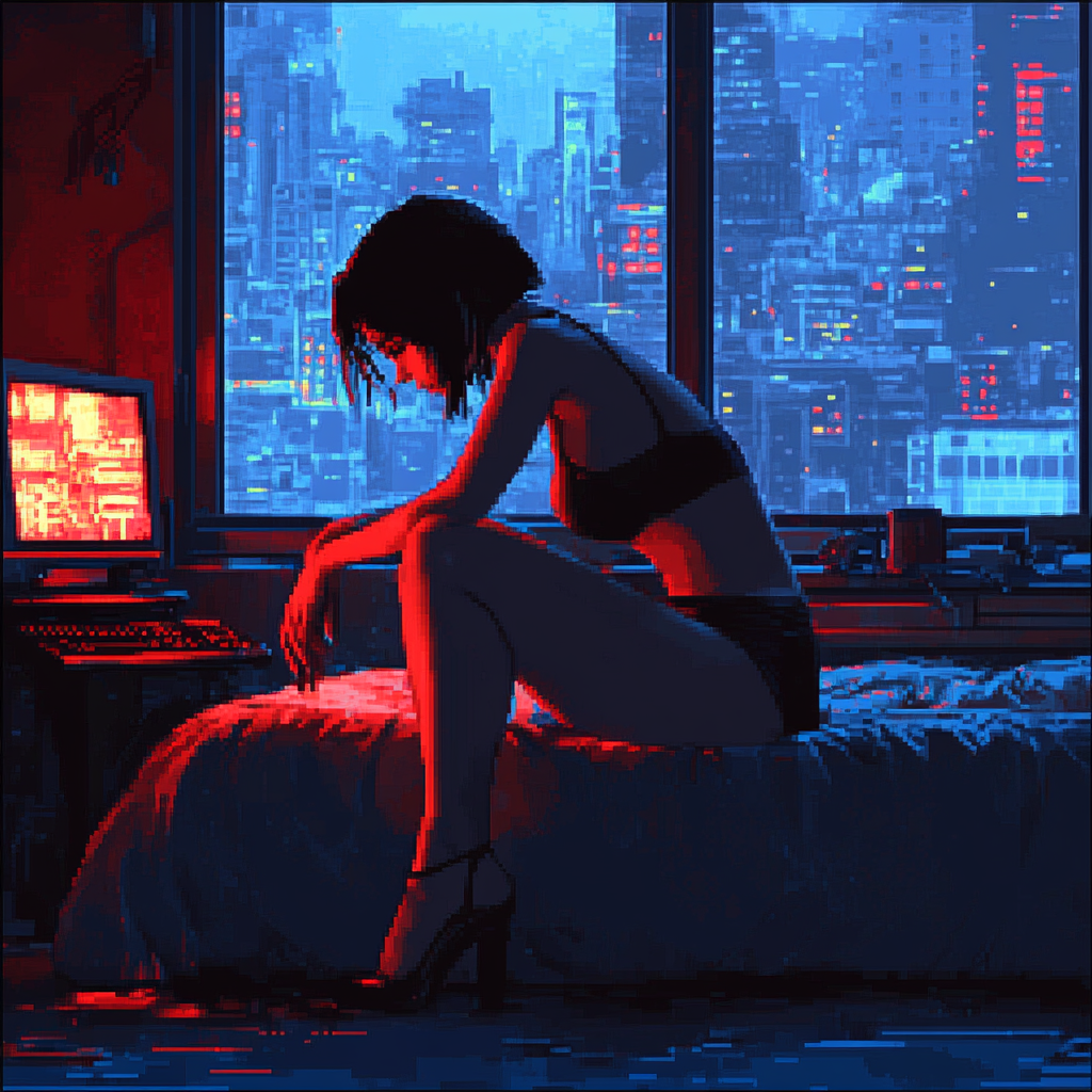 Tired Woman Unwinding in Neon-Lit Game Art Bedroom