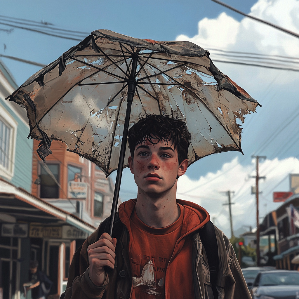 Tired boy with broken umbrella on sunny day