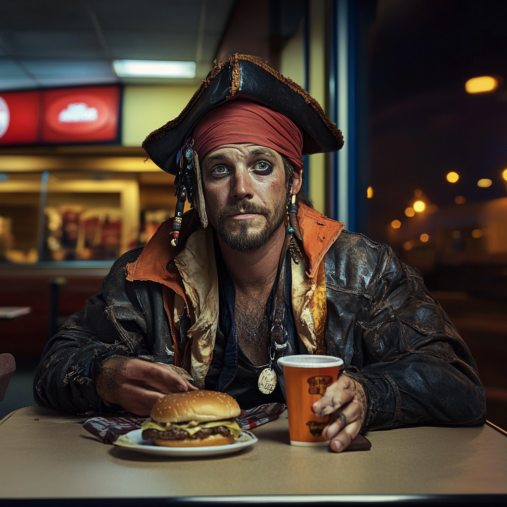 Tired but happy pirate eating burger at Burger King