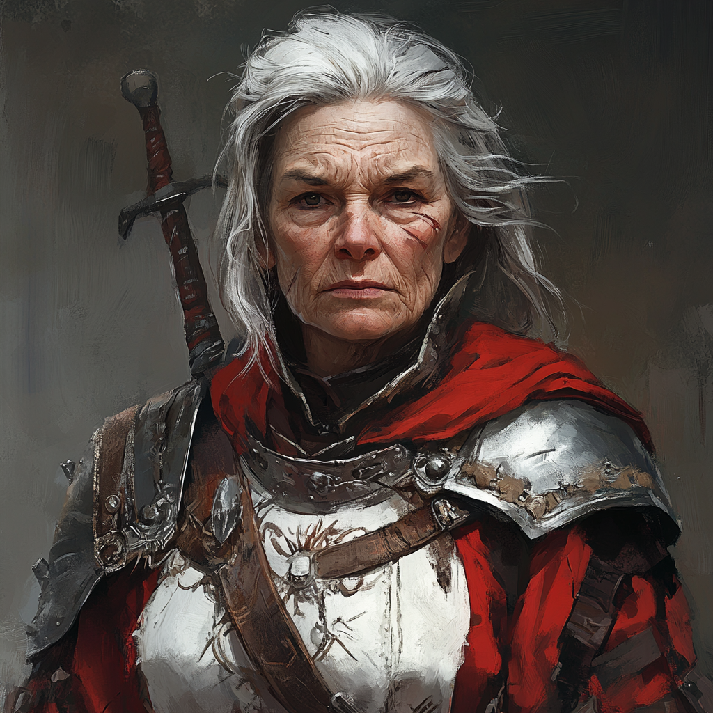 Tired old warrior woman in red armor, sad eyes