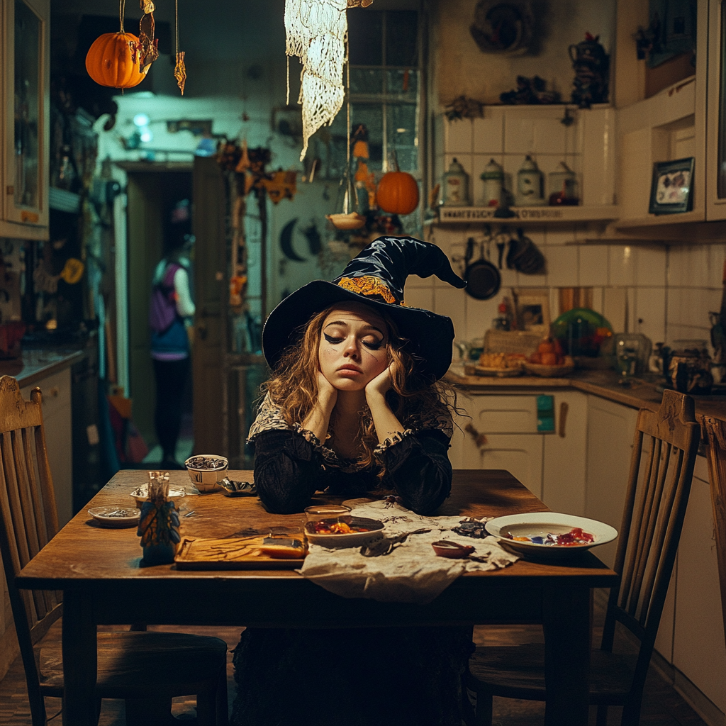 Tired woman in witch costume at lively Halloween party