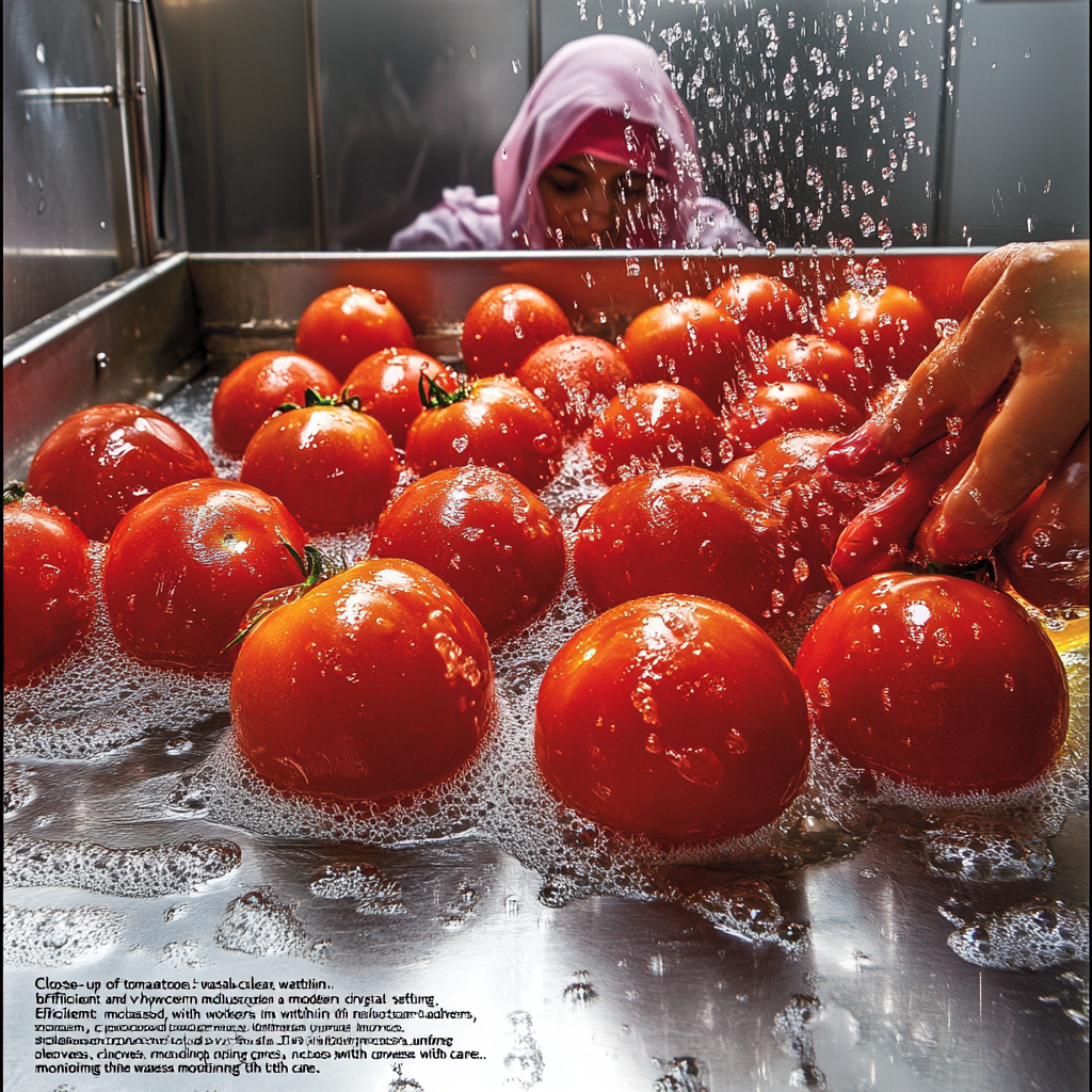 Tomatoes Washed in Water with Workers in Uniform