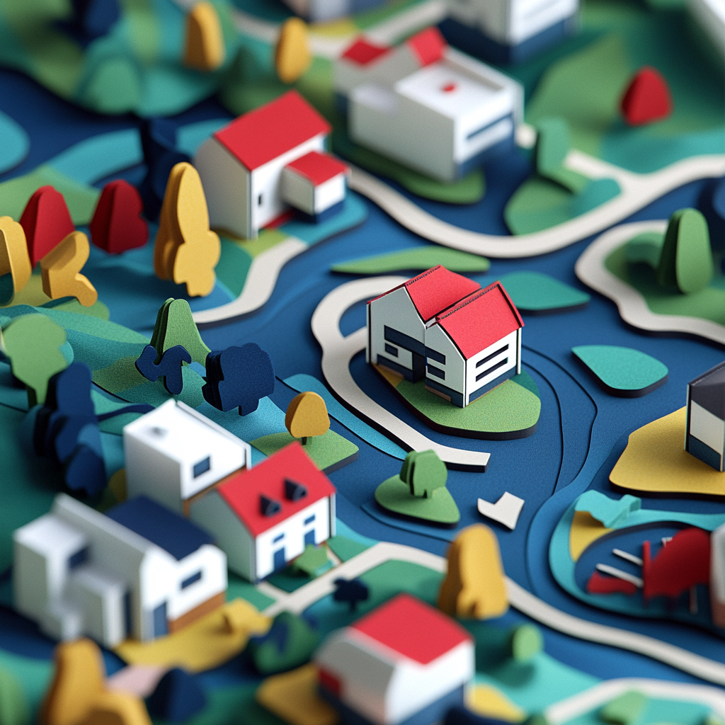 Topographic city map puzzle with colorful houses