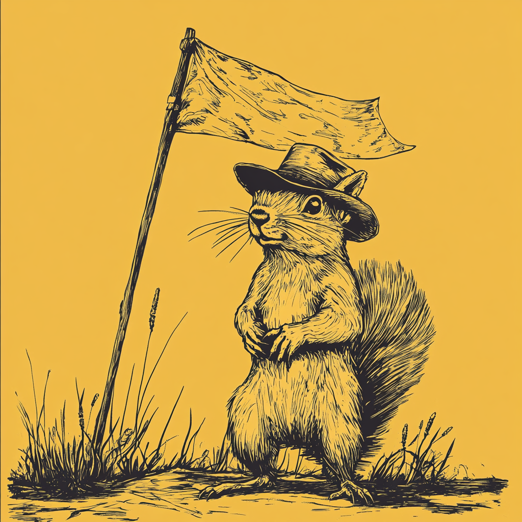 Tough Cowboy Squirrel on Yellow Flag, Ready for Fight