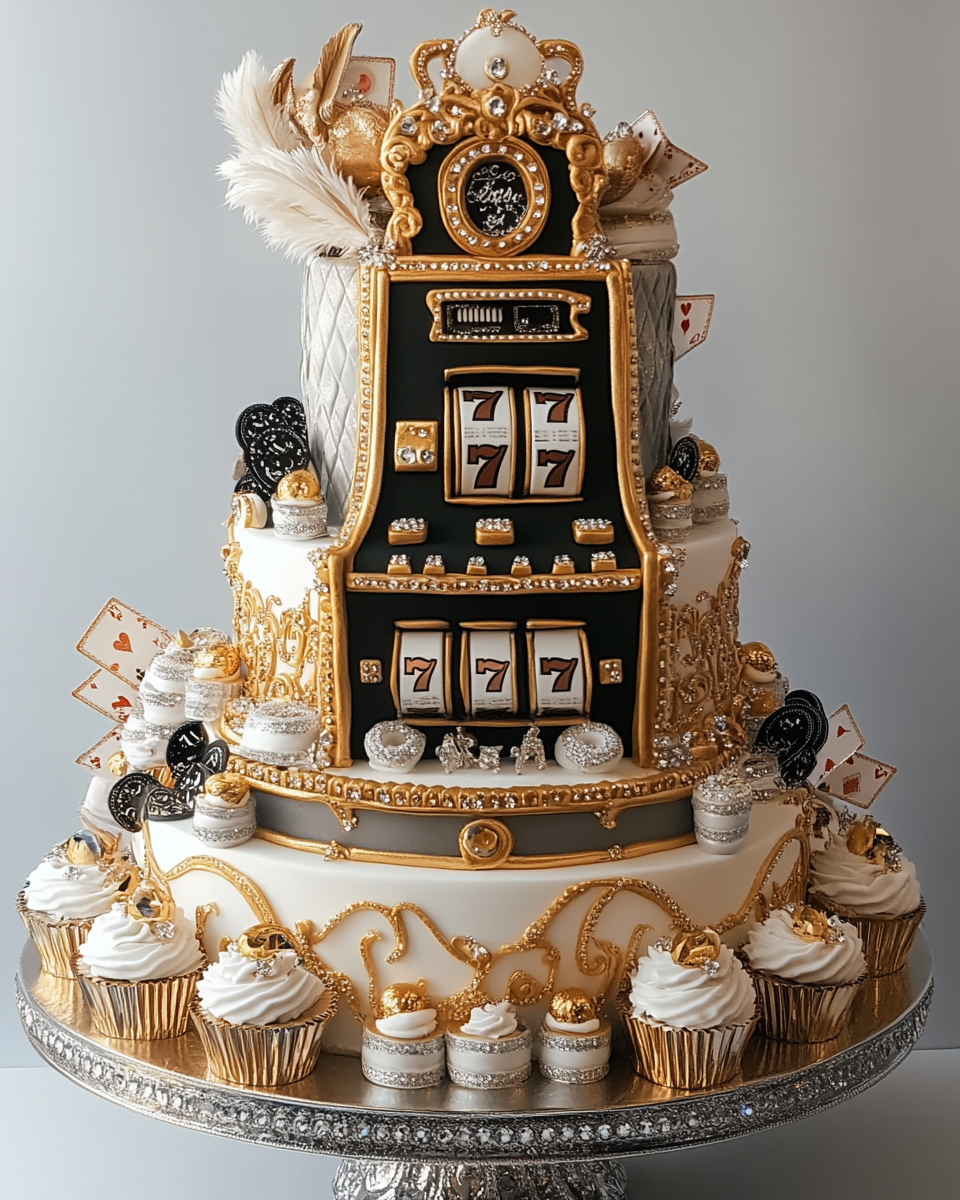 Towering slot machine wedding cake with luxurious decorations