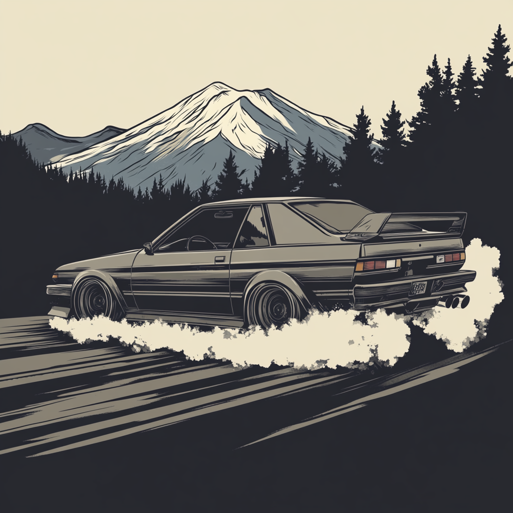 Toyota AE86 drifting on mountain road, tires smoking, oversteering