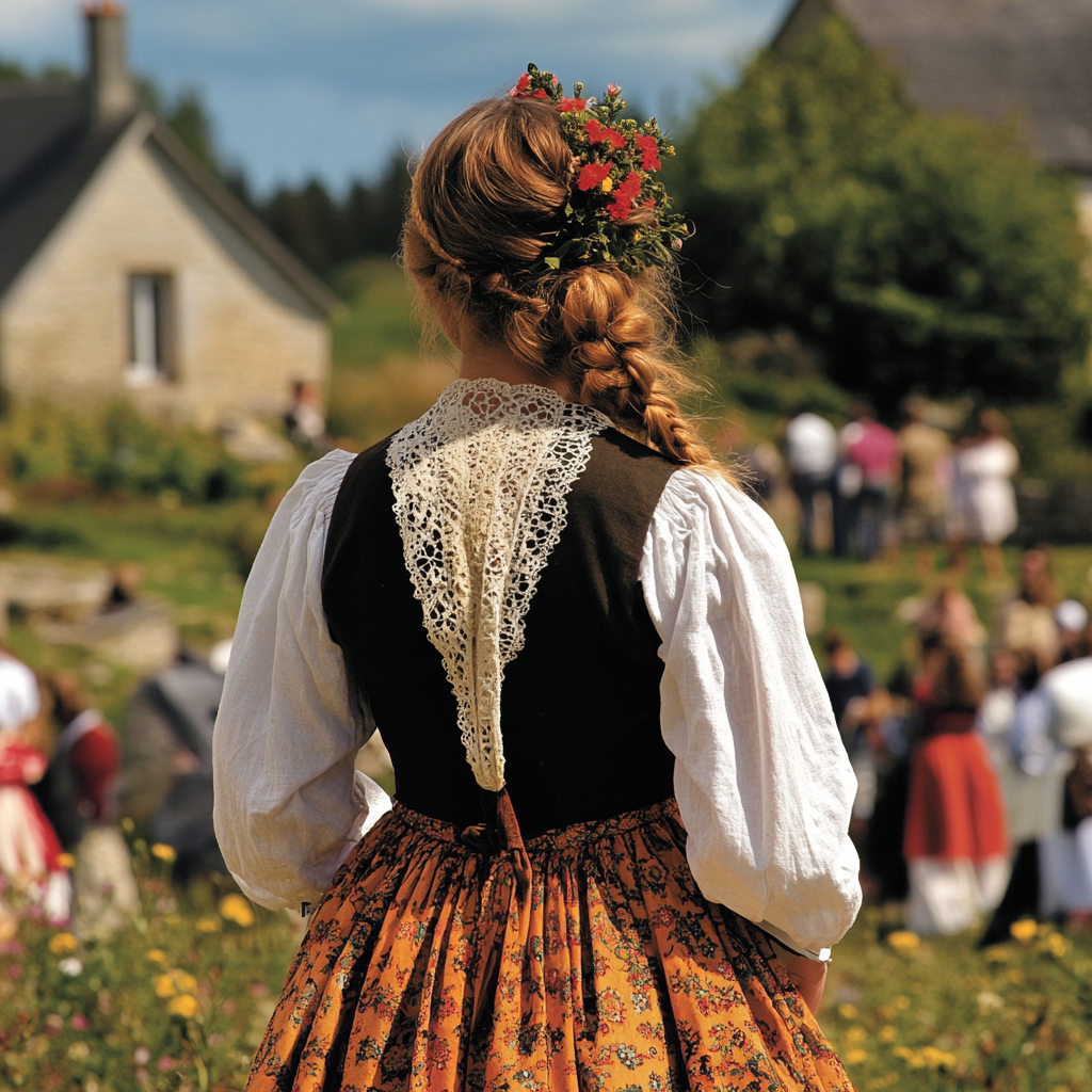 Traditional Bretagne Costume with long skirt and lace headdress