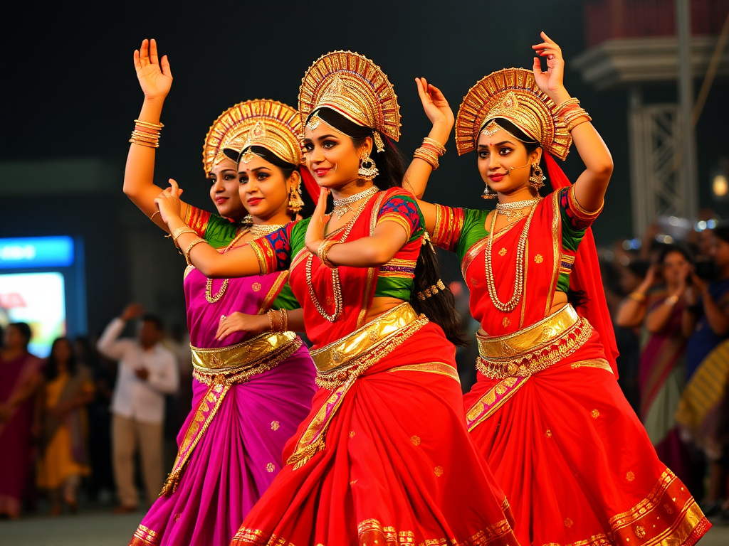 Traditional Gujrati girls in colorful dancing attire.