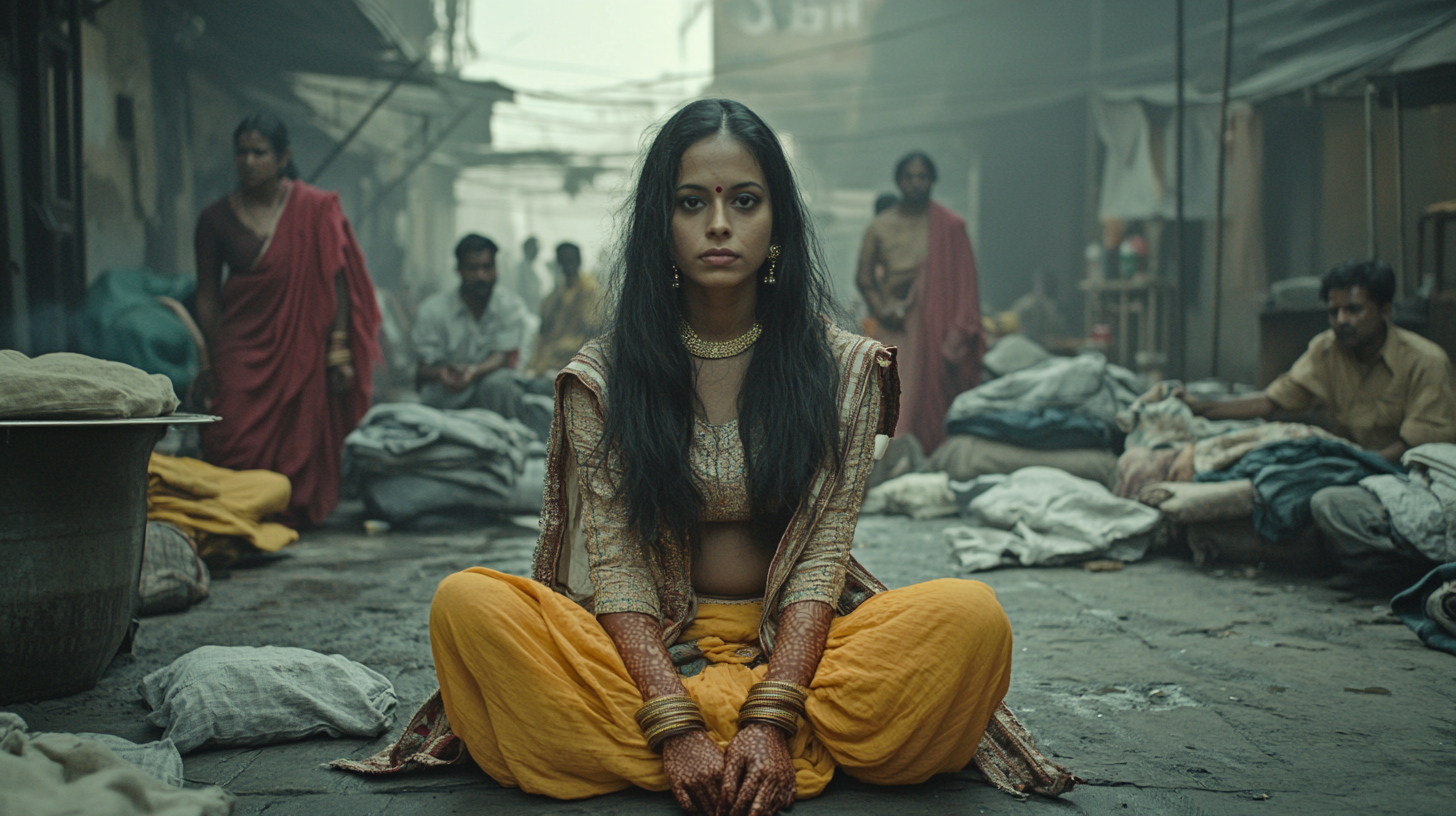 Traditional Indian woman in slum with workers behind.