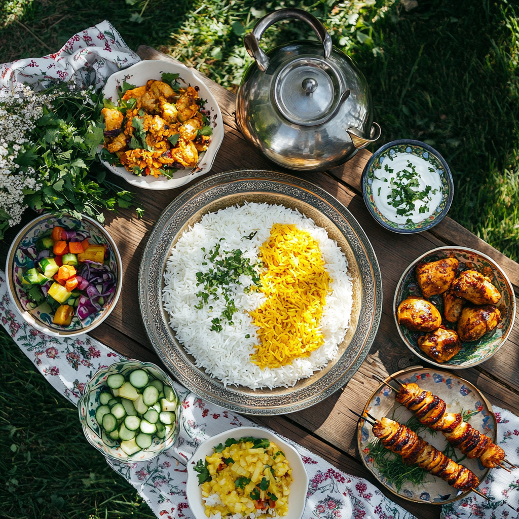 Traditional Iranian Lunch Set on Green Lawn