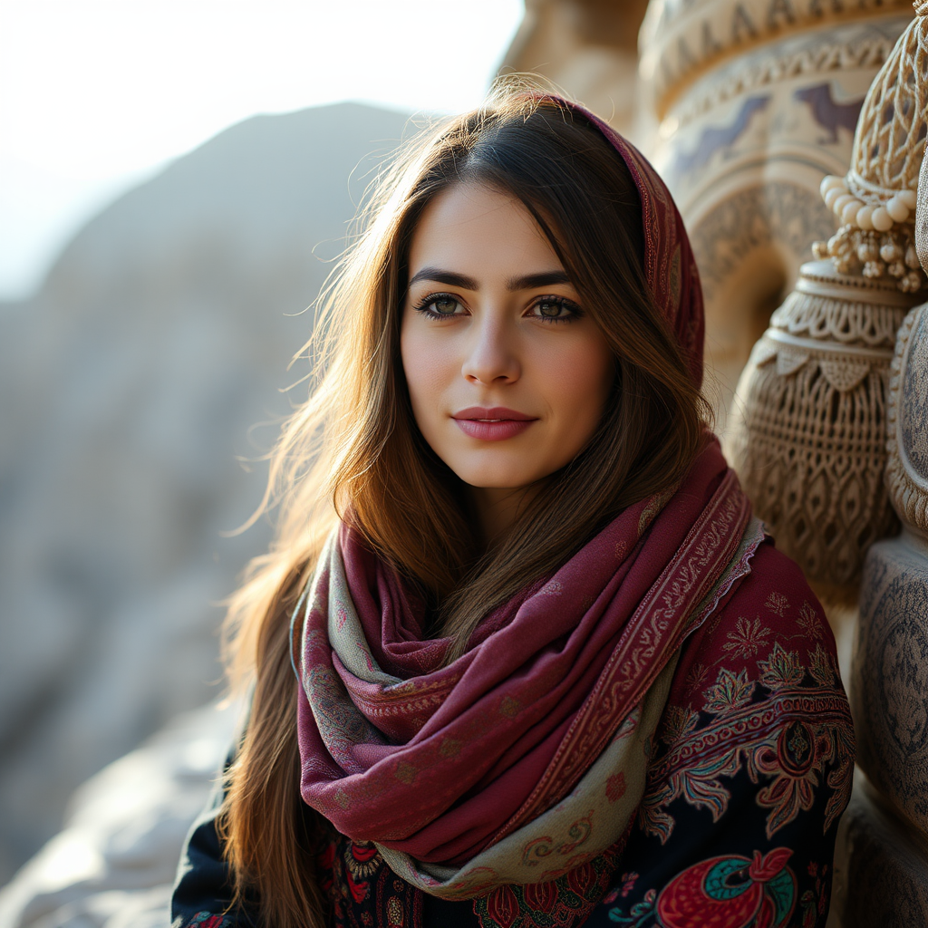 Traditional Iranian lady wearing colorful headscarf.