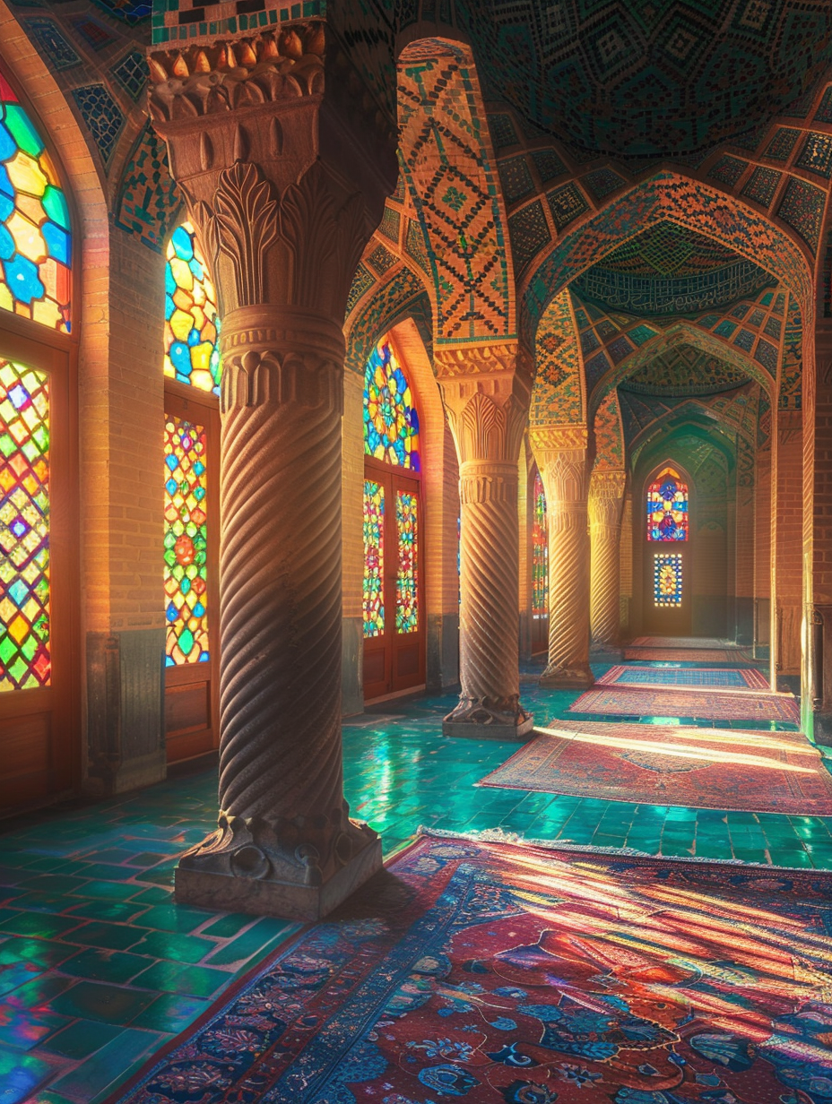 Traditional Iranian mosque courtyard, colorful patterns, Persian carvings, sunlight.