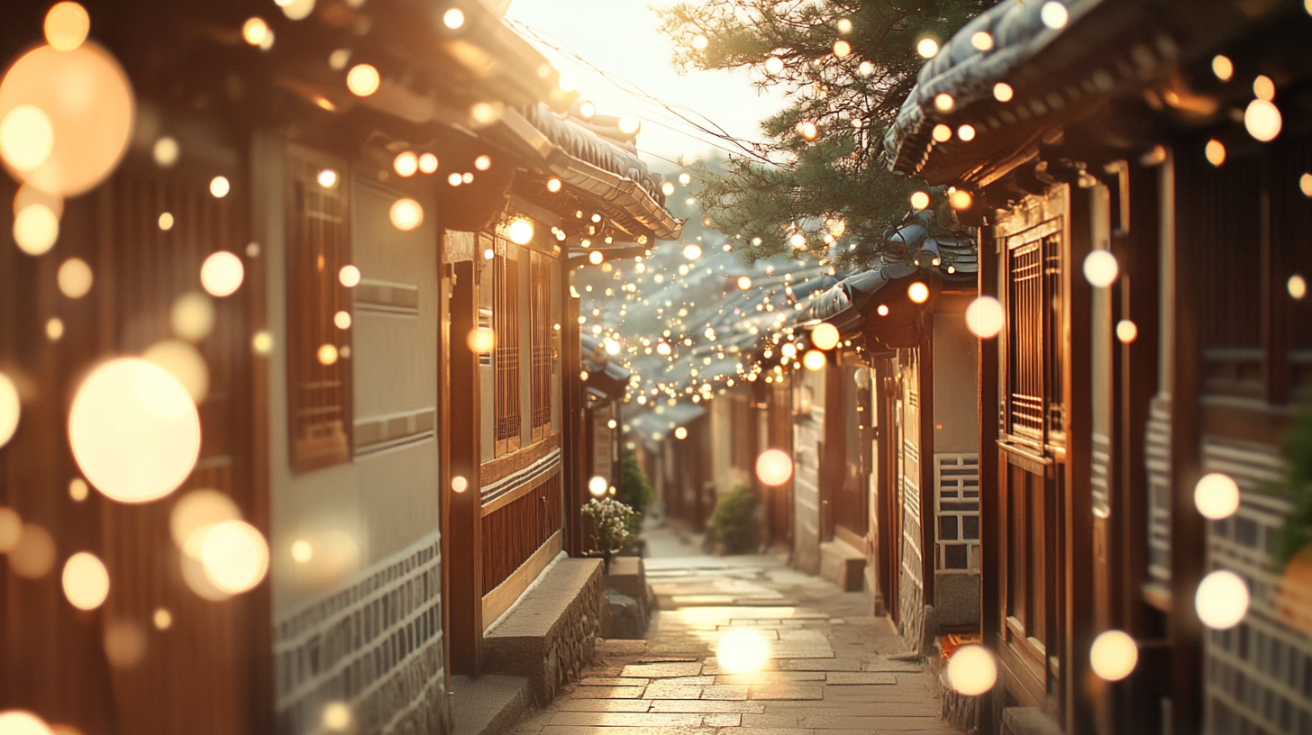 Traditional Korean alleyway with warm tones and lights