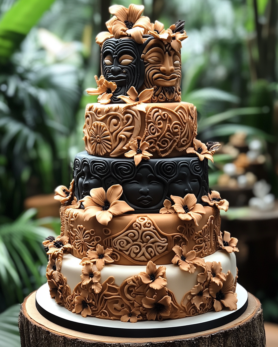 Traditional Polynesian themed wedding cake in garden