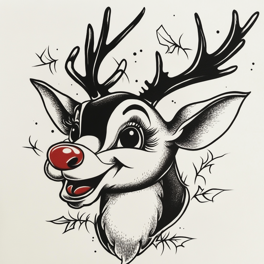 Traditional Sailor Jerry tattoo of Rudolph in black & white.